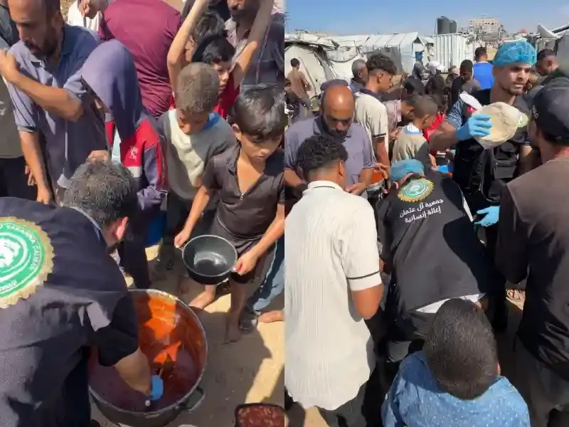 Gazze'de ablukaya rağmen çadırlarda yaşayan sığınmacı ailelere sıcak yemek ve ekmek dağıtımı