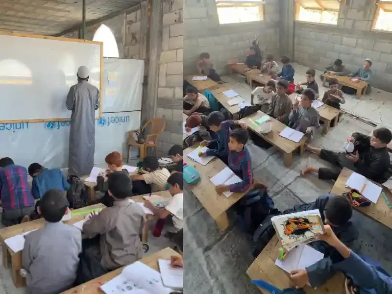 Gazze'deki Kur'an-ı Kerim Okulu'nda eğitim g&ouml;ren yetim &ouml;ğrenciler ve sınıf i&ccedil;i eğitim anı