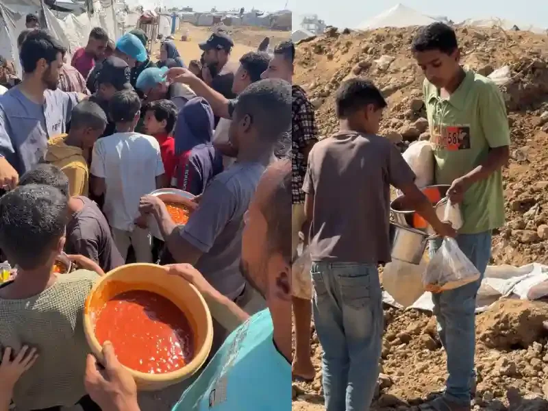 Gazze'de ablukaya rağmen çadırlarda yaşayan sığınmacı ailelere sıcak yemek ve ekmek dağıtımı