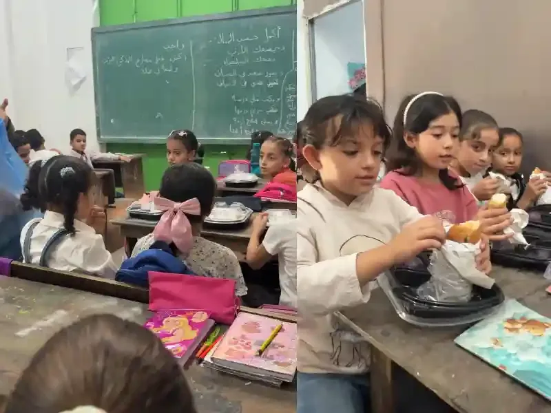 Gazze Hamidiye Yetim Okulu'nda yetim öğrencilere kahvaltı dağıtımı yapılması